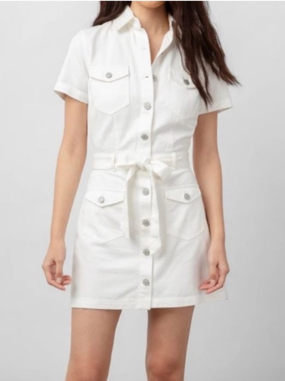 Rails White Short-Sleeve Button-Front Shirt Dress with Waist Tie